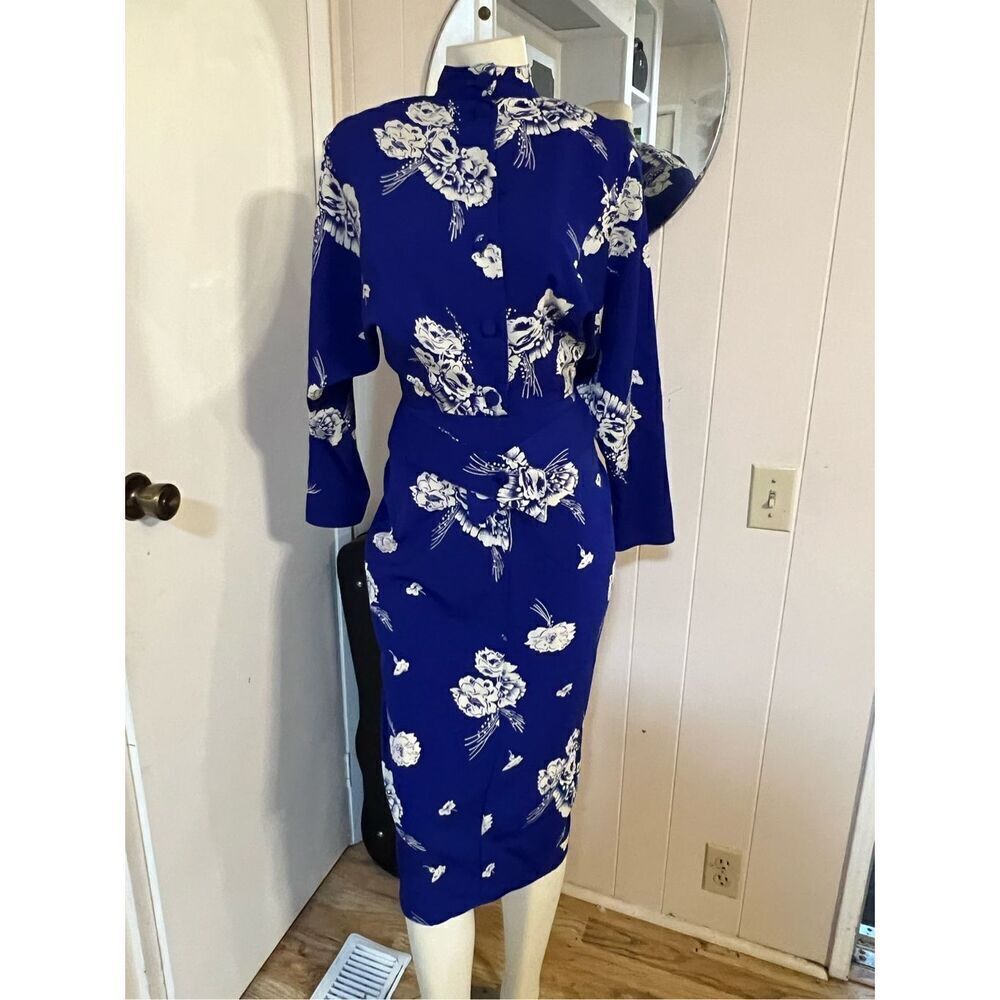 Vintage April Rain Women’s 6 Blue Floral Print Japanese Style MIDI Dress Gown